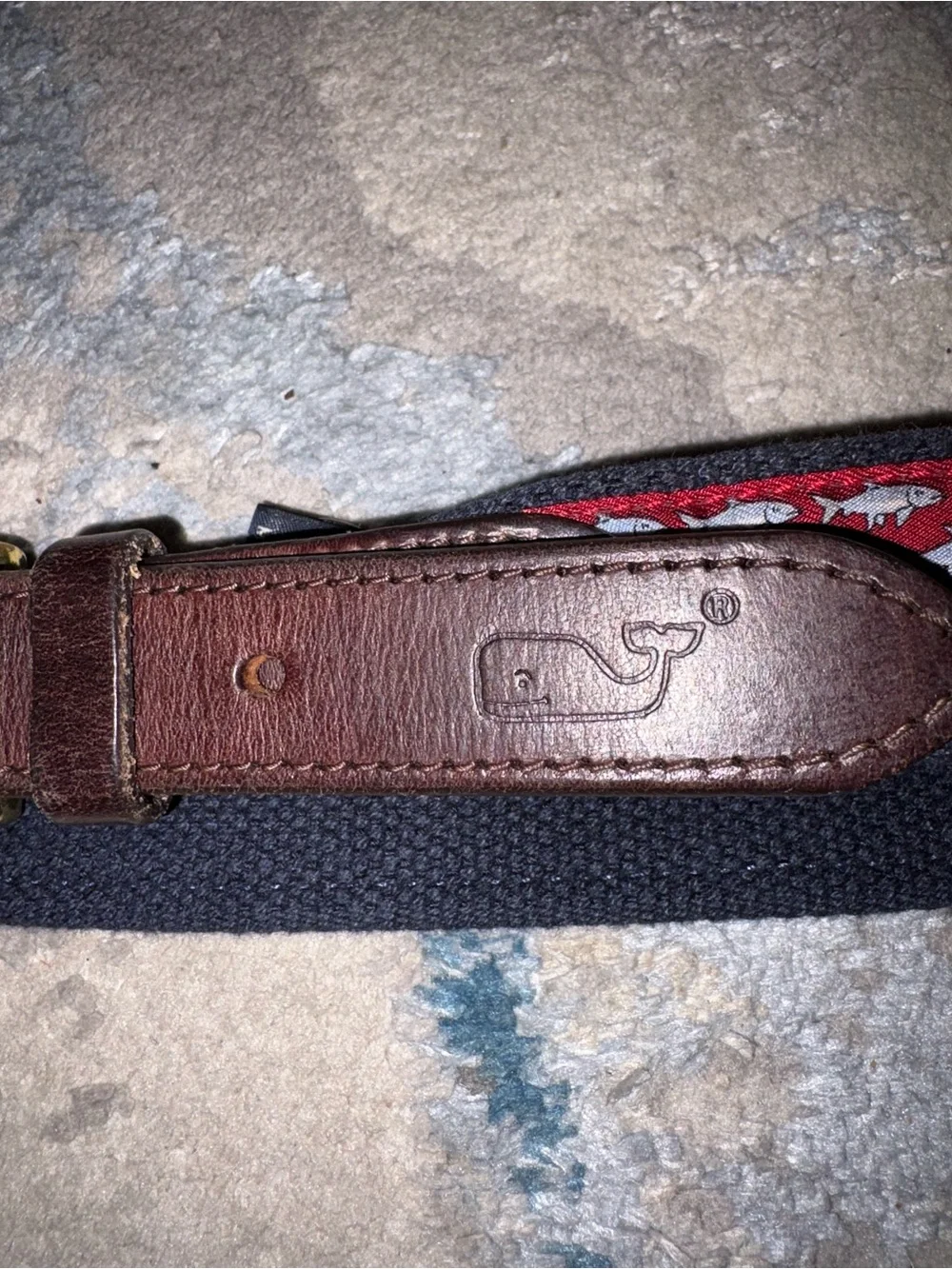 Vineyard Vines Navy Web Belt with Brown Leather and Red Pattern Inlay
